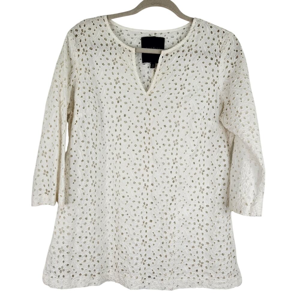 Talbots White Floral Eyelet V-neck Tunic Blouse Women's Size 14 100% Cotton